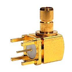 Female 75 Ohm MCX, Right Angle, PCB with solder post, PCB through hole, Gold