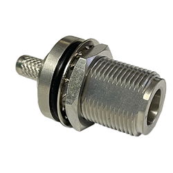 Female N series, Straight, Cable Crimp, Bulkhead Rear Mount, Nickel, Teflon, 50 Ohm, I240