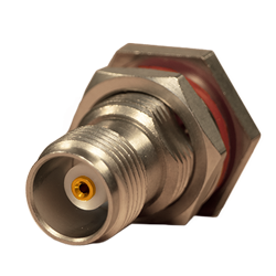 TNC Connector, Female, Straight, Female, Cable Crimp, Bulkhead Rear Mount, Long, Nickel, Teflon, 50 Ohm